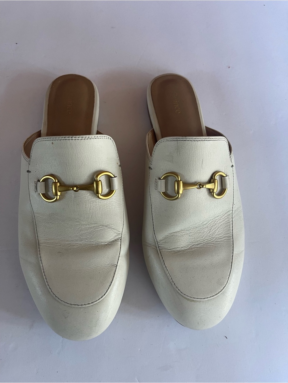 Quince White Leather Slip-On Mules with Gold Buckle Detail
